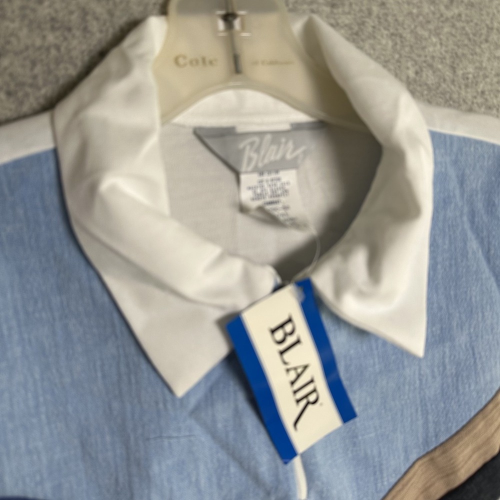 NWT Vintage Blair Womens Top Blouse Large Collared Short Sleeve Blue White - Picture 2 of 12
